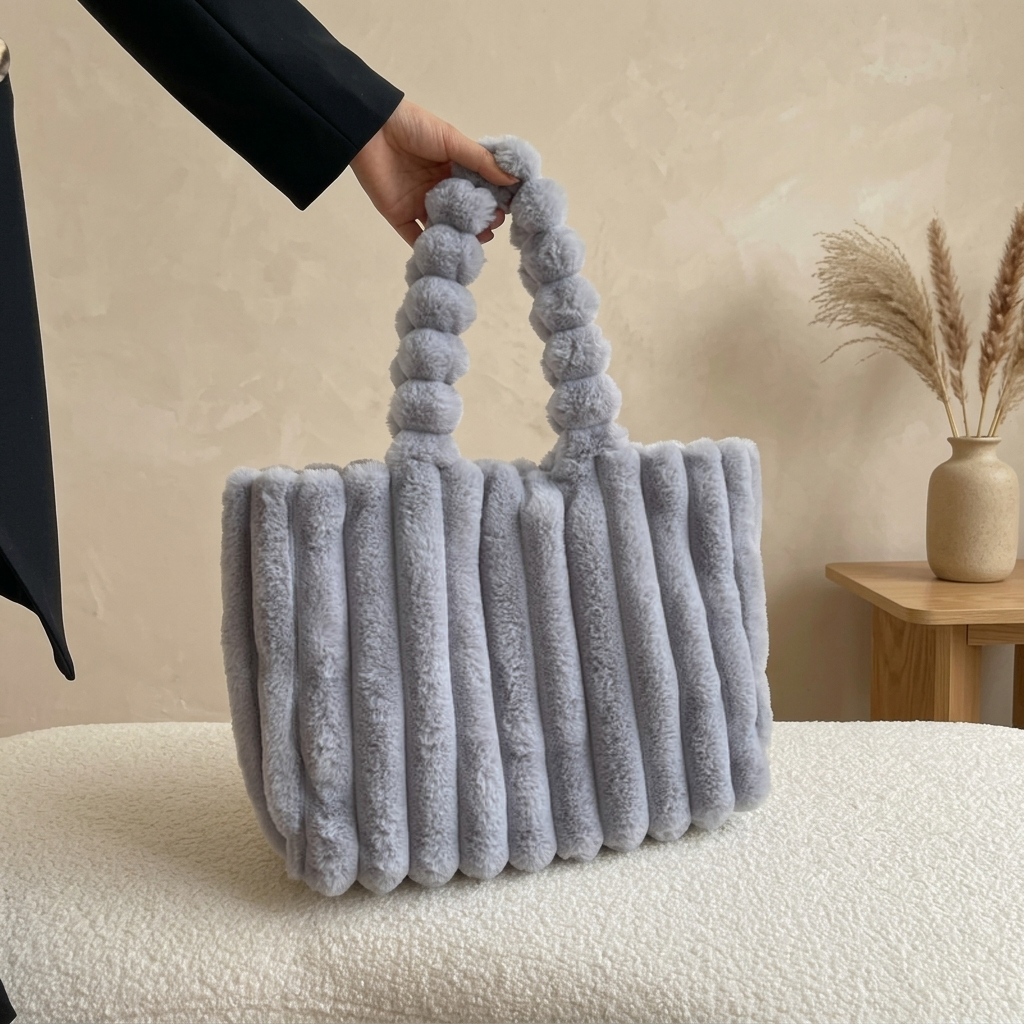 Cabas Peluche Côtelée Gris, grand format – Brin de Charme