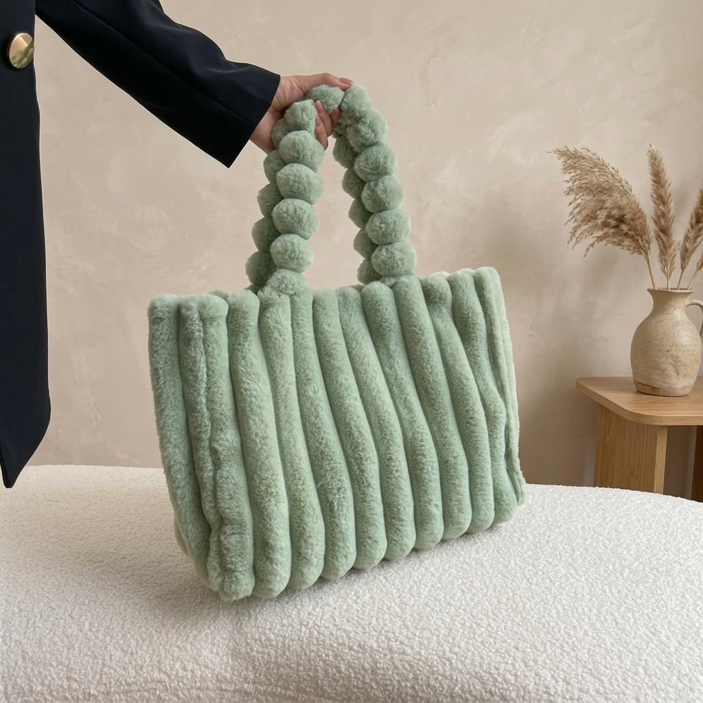 Cabas Peluche Côtelée Vert, grand format – Brin de Charme