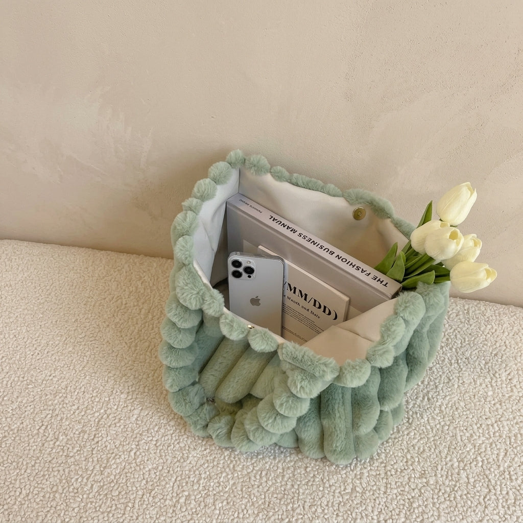 Cabas Peluche Côtelée Vert ouvert, vue de l'intérieur – Brin de Charme