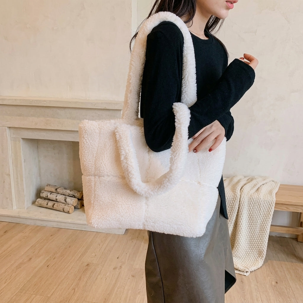 Cabas Peluche d’Hiver Blanc porté à l'épaule – Brin de Charme