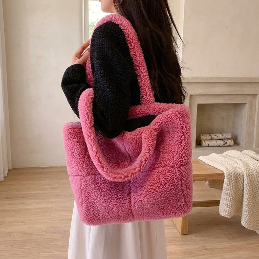 Cabas Peluche d’Hiver Fuchsia porté à l'épaule – Brin de Charme