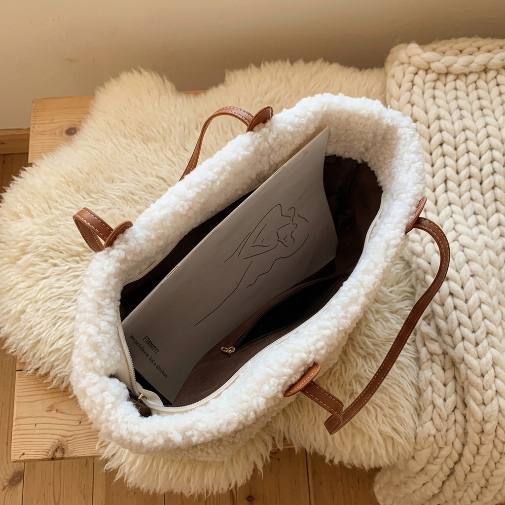 Cabas Teddy Grande Contenance Blanc ouvert, intérieur zippé – Brin de Charme