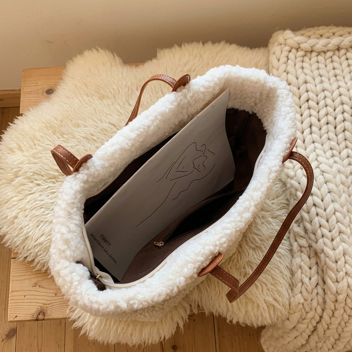 Cabas Teddy Grande Contenance Blanc ouvert, intérieur zippé – Brin de Charme