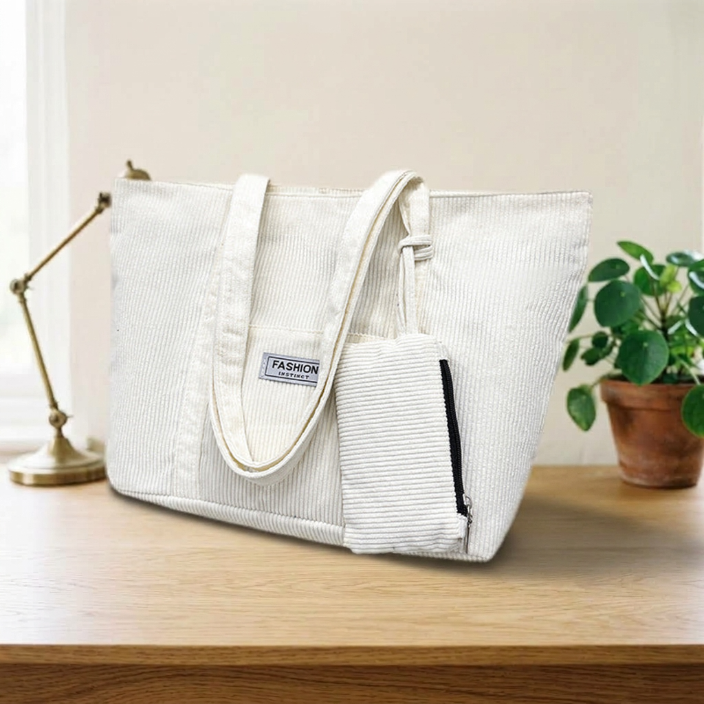 Cabas Velours Côtelé & Pochette Blanc – Brin de Charme