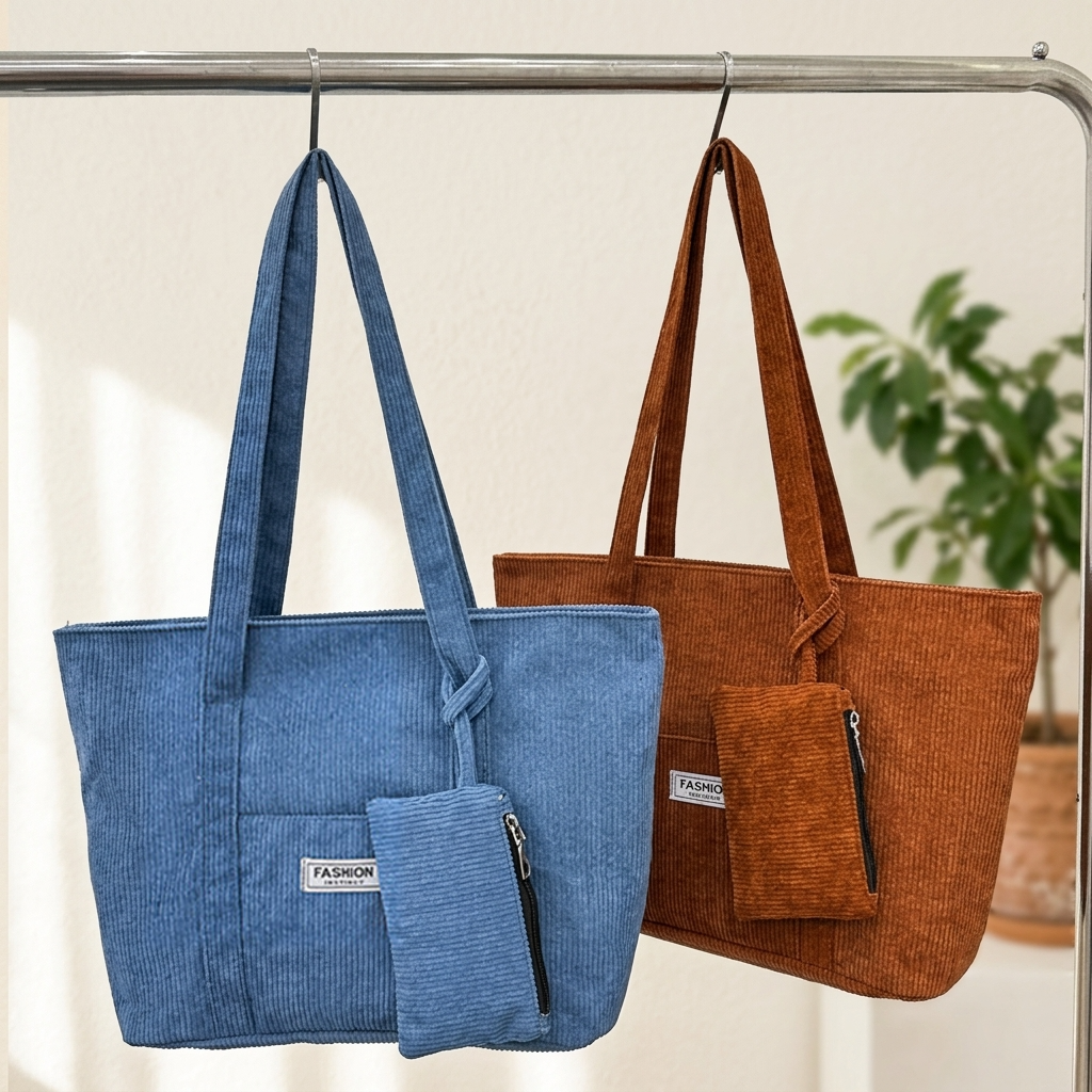 Cabas Velours Côtelé & Pochette Bleu et Camel – Brin de Charme
