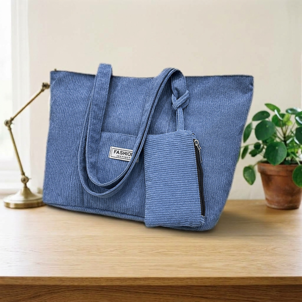 Cabas Velours Côtelé & Pochette Bleu – Brin de Charme
