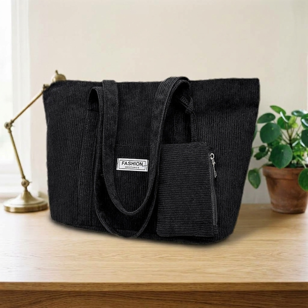 Cabas Velours Côtelé & Pochette Noir – Brin de Charme