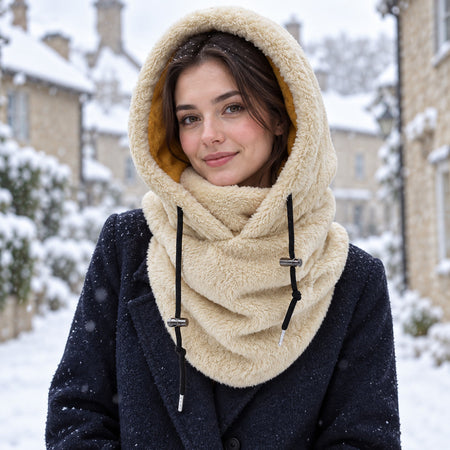 Capuche-Écharpe Peluche Cocon – Beige, portée en hiver