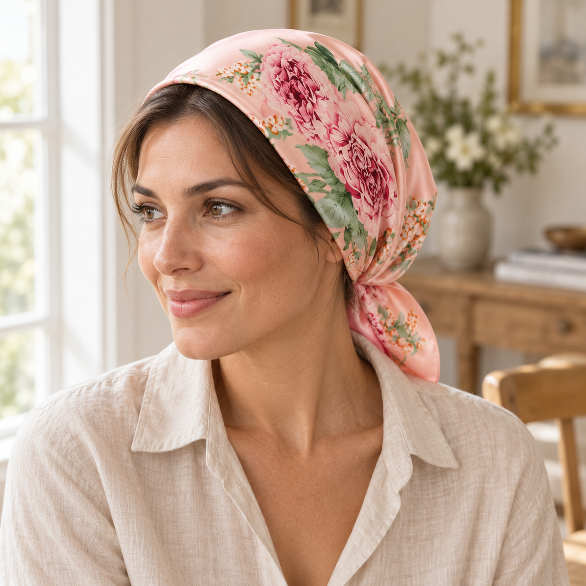 Carré Pivoines rose en satin porté sur la tête, vue en intérieur lumineux