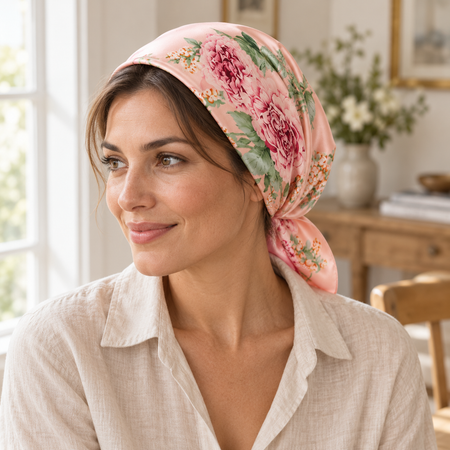 Carré Pivoines rose en satin porté sur la tête, vue en intérieur lumineux