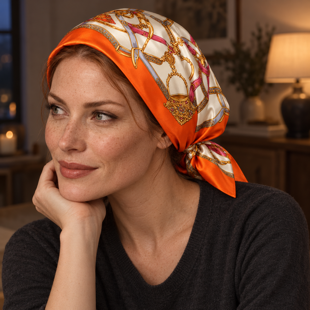 Carré Satiné Sellerie Colorée orange porté sur la tête dans un intérieur en soirée