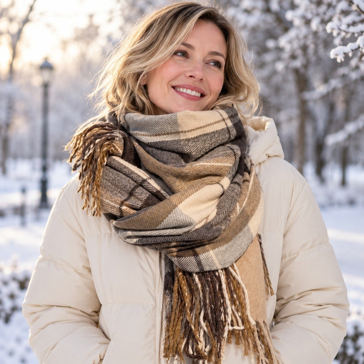 Écharpe Carreaux Cocooning – en hiver