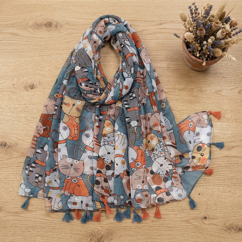 Étole Chats Colorés à Pompons – Bleu et orange