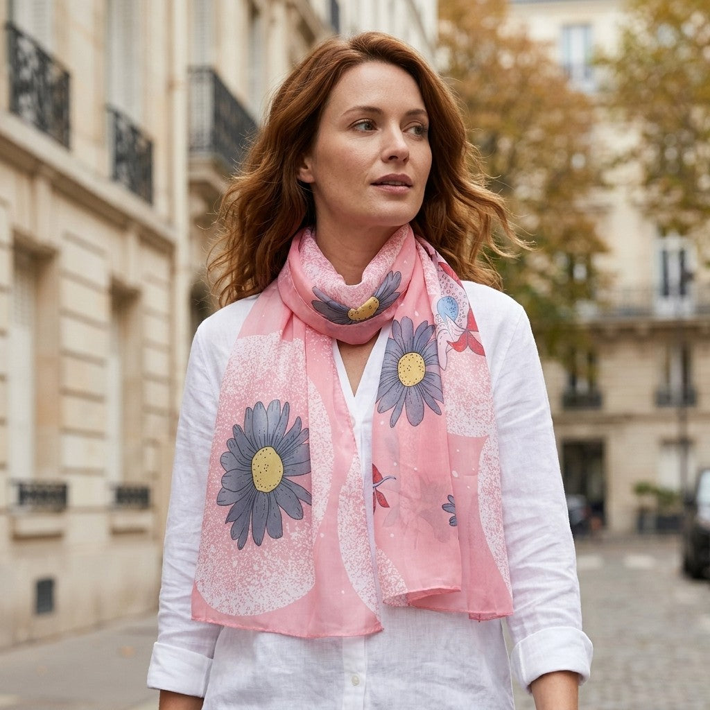 Foulard Mousseline Fleurie – Rose à marguerites