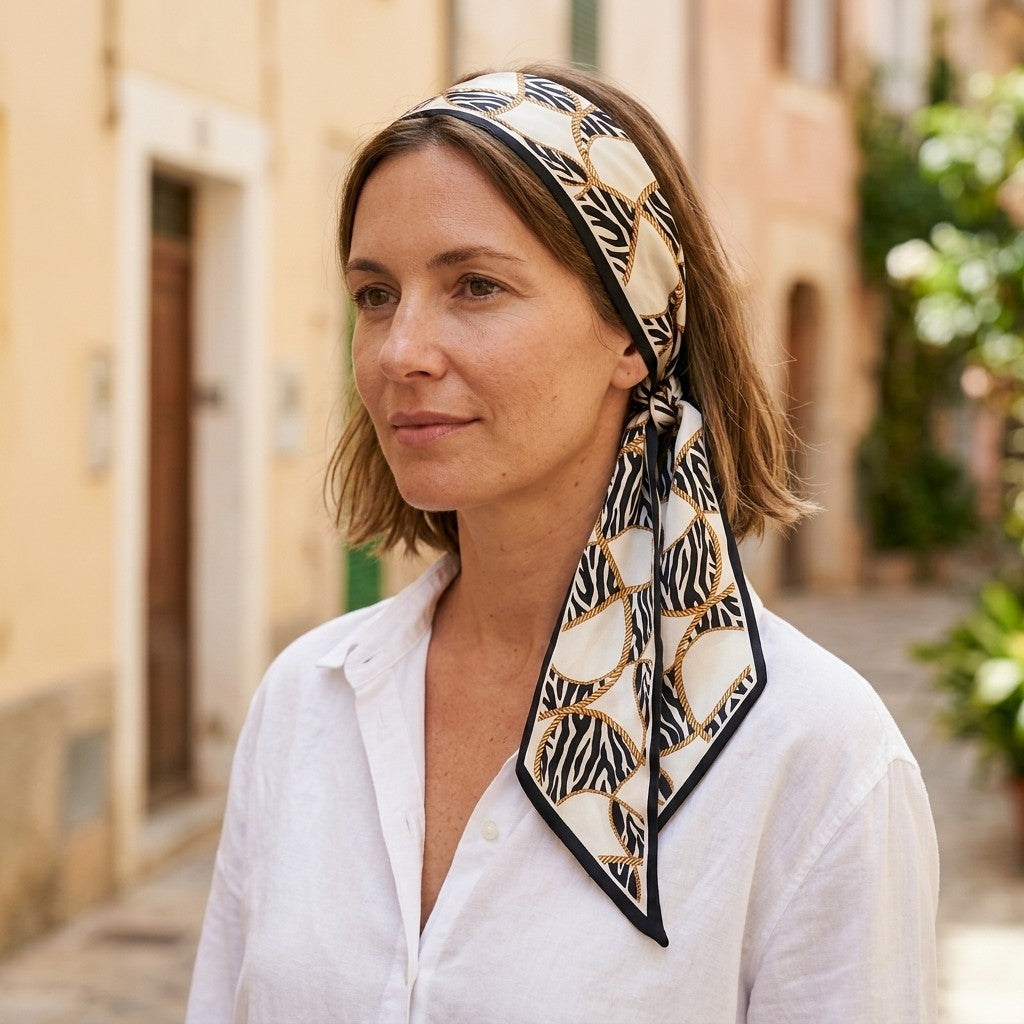 Foulard Ruban Graphique – porté sur les cheveux