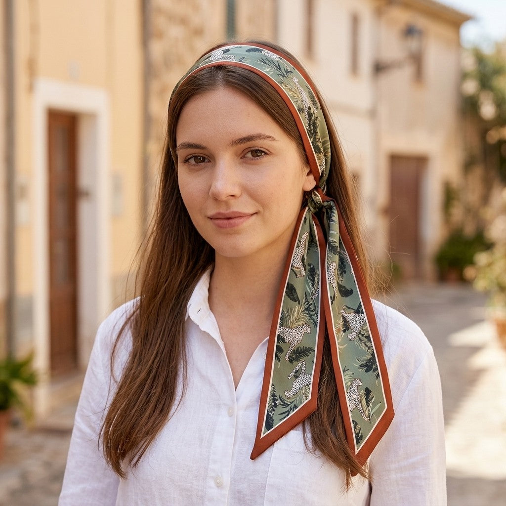 Foulard Ruban Imprimé – Vert fleuri, bord brique