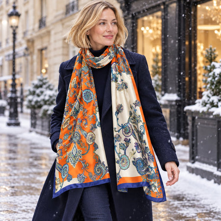 Orange à motif cachemire – grande écharpe portée par une femme en hiver