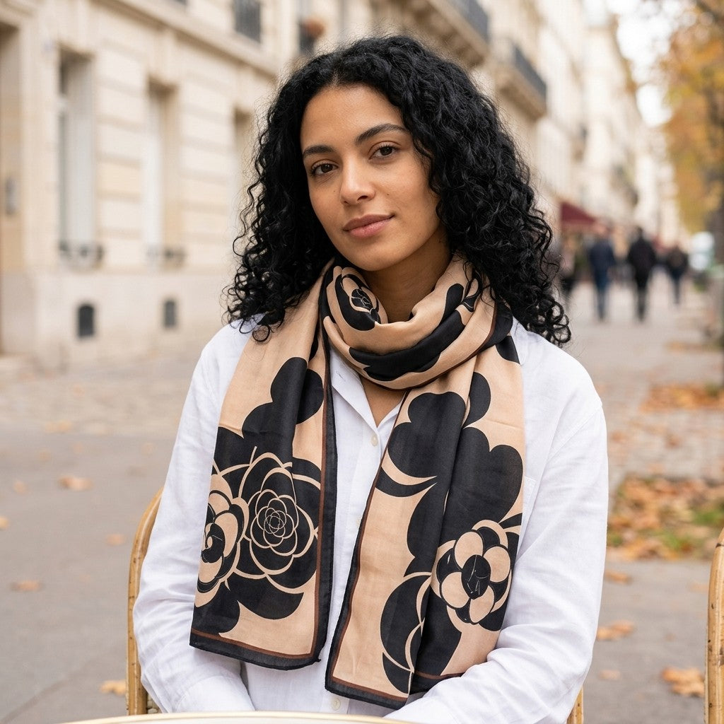 Grande Étole Graphique – Fleurs noires sur beige
