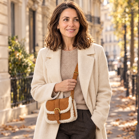 Besace effet daim camel portée en bandoulière sur un manteau crème