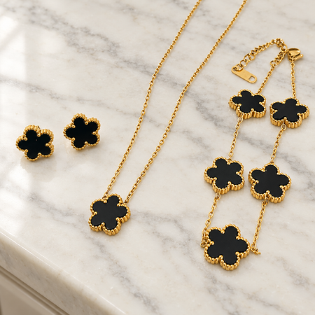 Parure Fleurs Cinq Pétales Noir – Brin de Charme