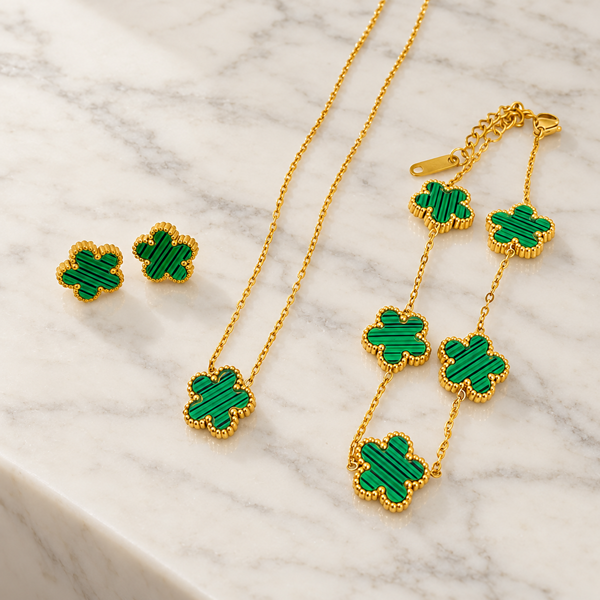 Parure Fleurs Cinq Pétales Vert – Brin de Charme