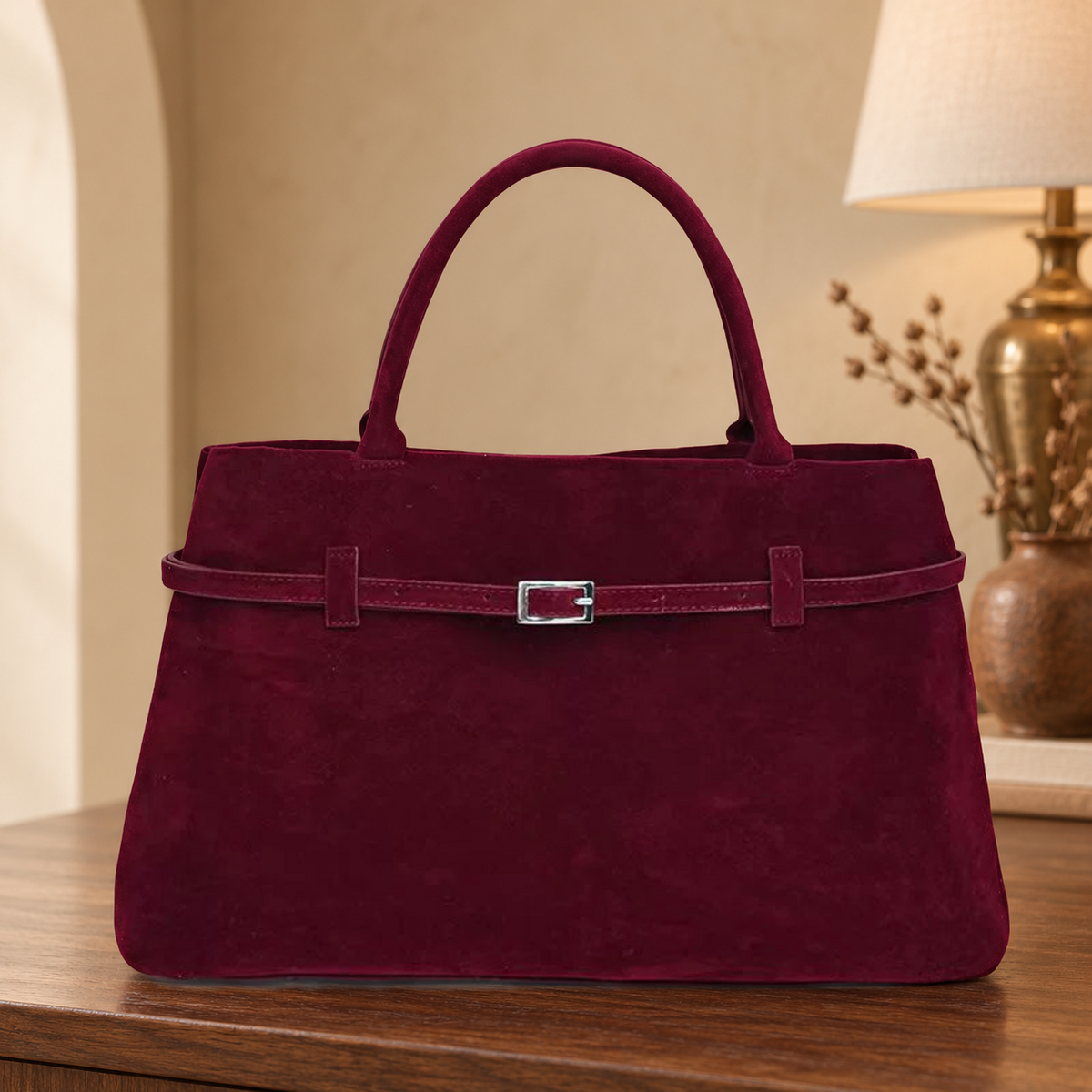 Sac à Main Effet Daim Ceinturé Bordeaux – Brin de Charme