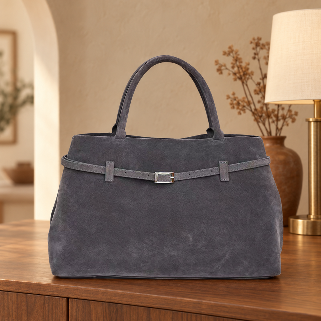 Sac à Main Effet Daim Ceinturé Gris – Brin de Charme