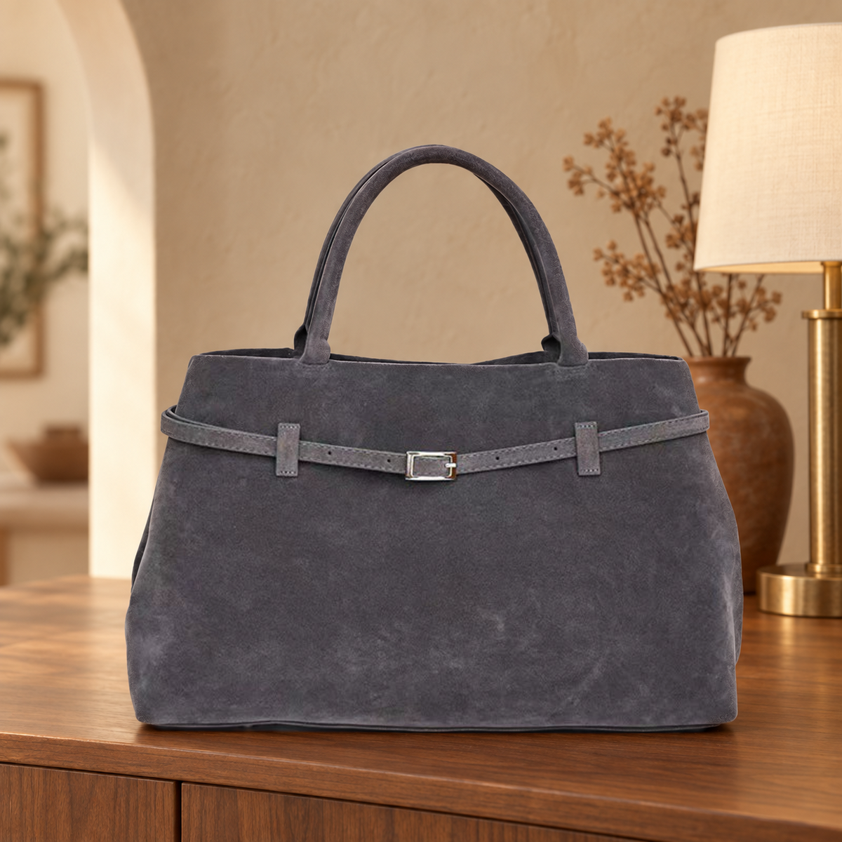 Sac à Main Effet Daim Ceinturé Gris – Brin de Charme