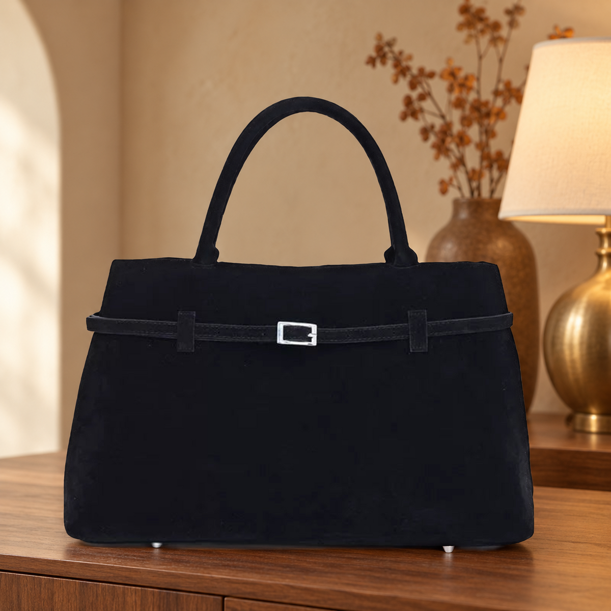 Sac à Main Effet Daim Ceinturé Noir – Brin de Charme