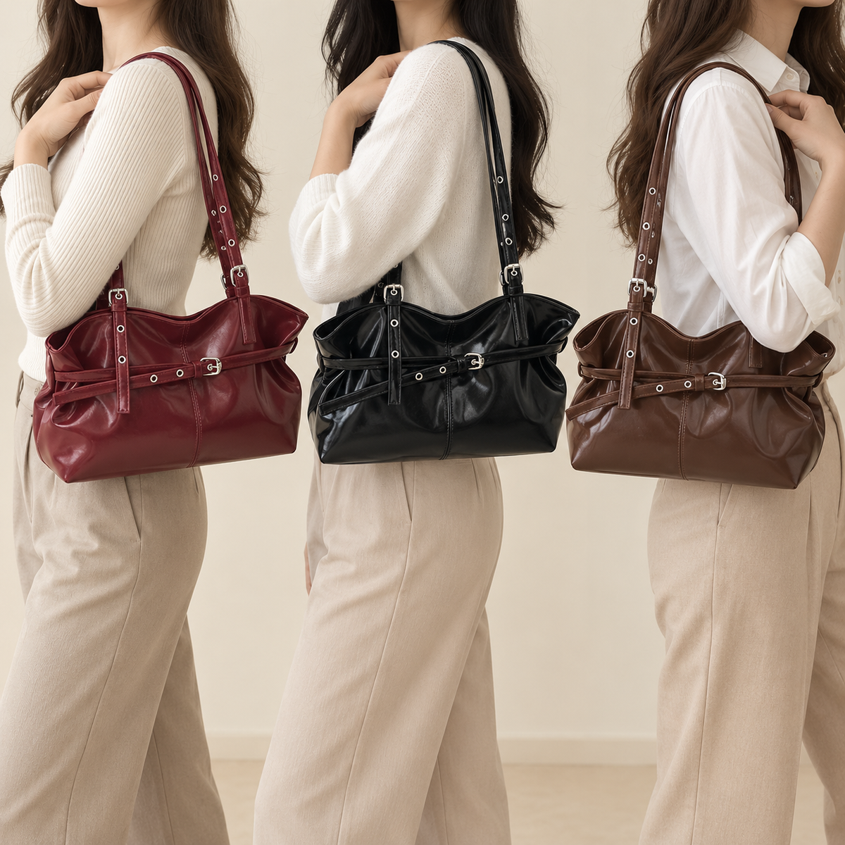 Sac à Anses Bouclées Bordeaux, Noir et Marron – Brin de Charme