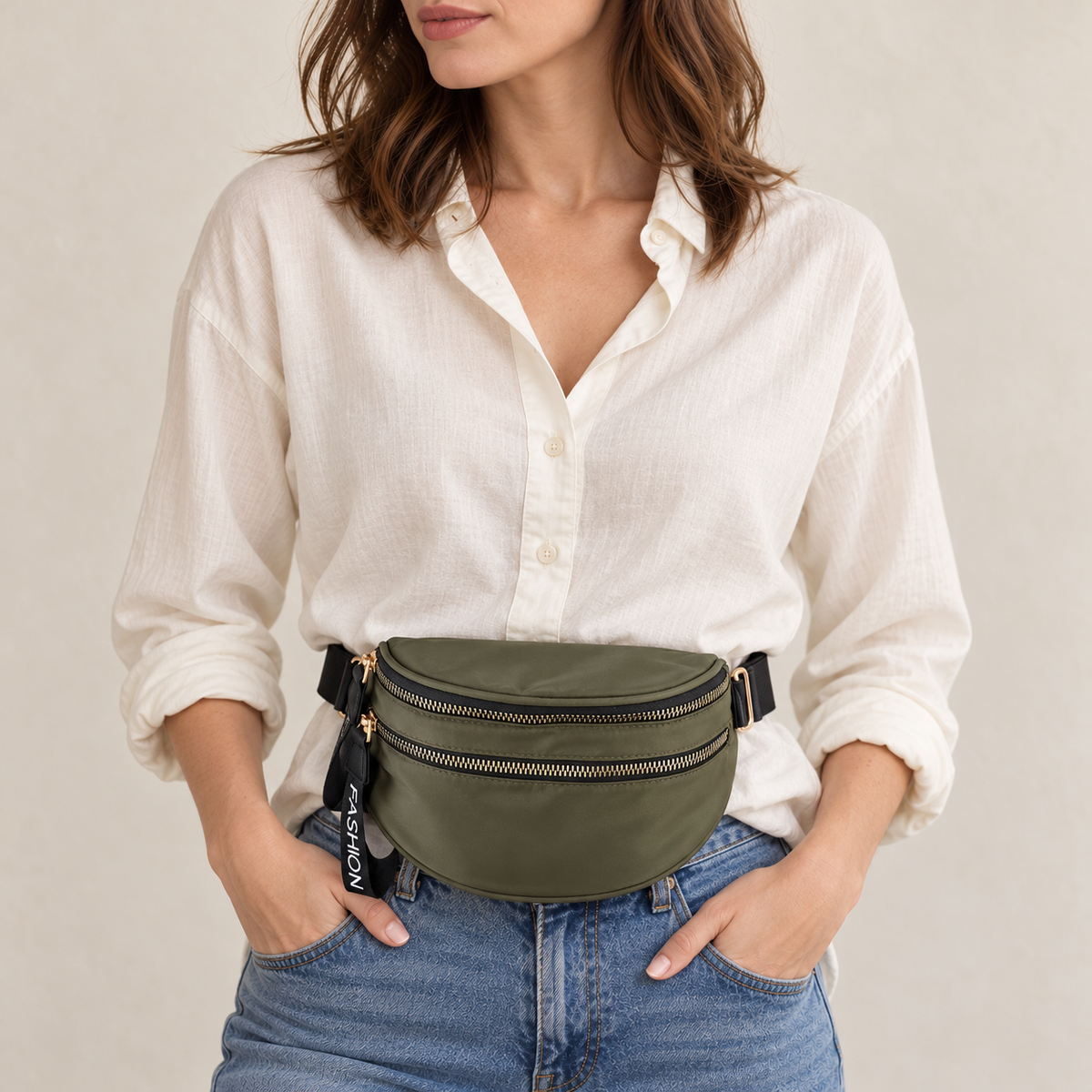Sac Banane Nylon Double Zip Kaki – Brin de Charme