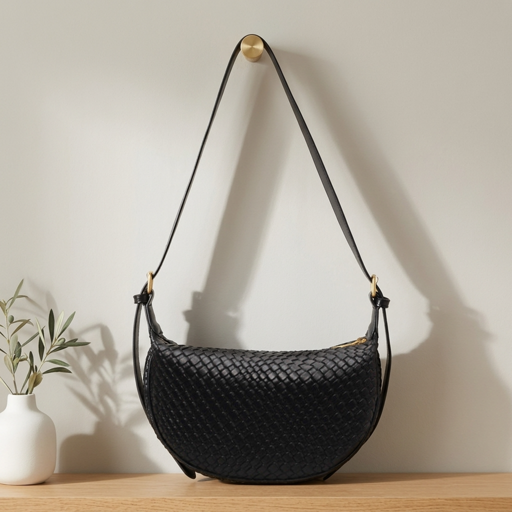 Sac Croissant Tressé Noir – Brin de Charme